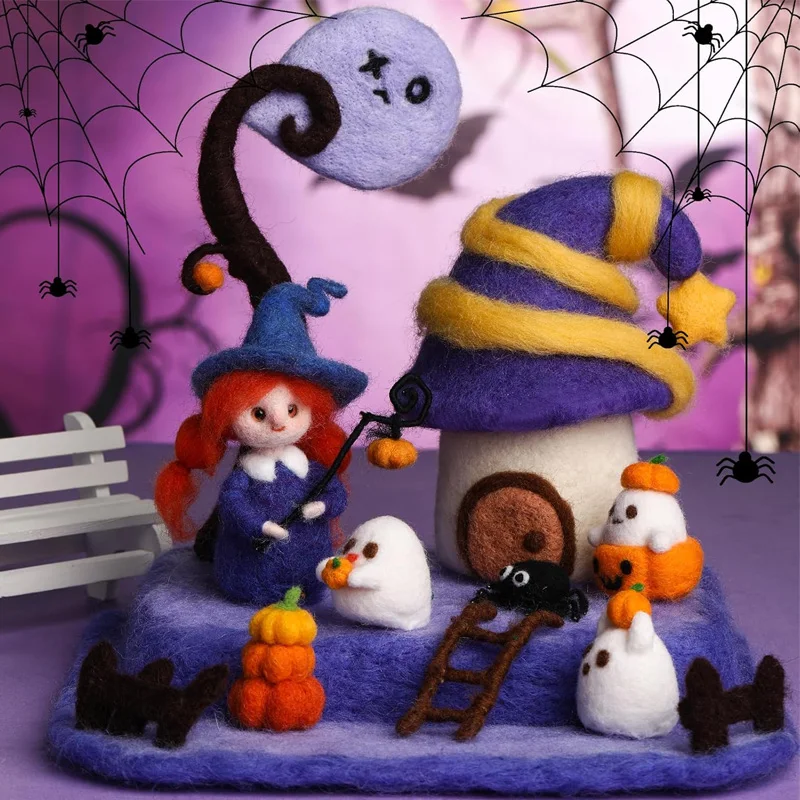 

Wool Felting Starter Material Kit Ghost Doll Purple Courtyard Needle Felting for Halloween Decoration Collectible Party