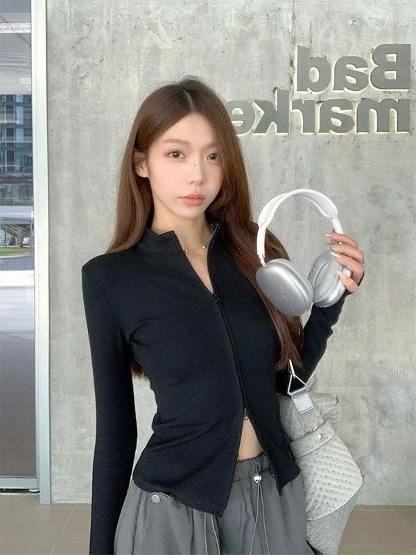 เสื้อคาร์ดิแกนถักแบบซิปสไตล์อเมริกันสำหรับผู้หญิง ทรงเข้ารูป กระชับเอว รุ่นใหม่ล่าสุดสำหรับฤดูใบไม้ร่วง สีสันสดใส