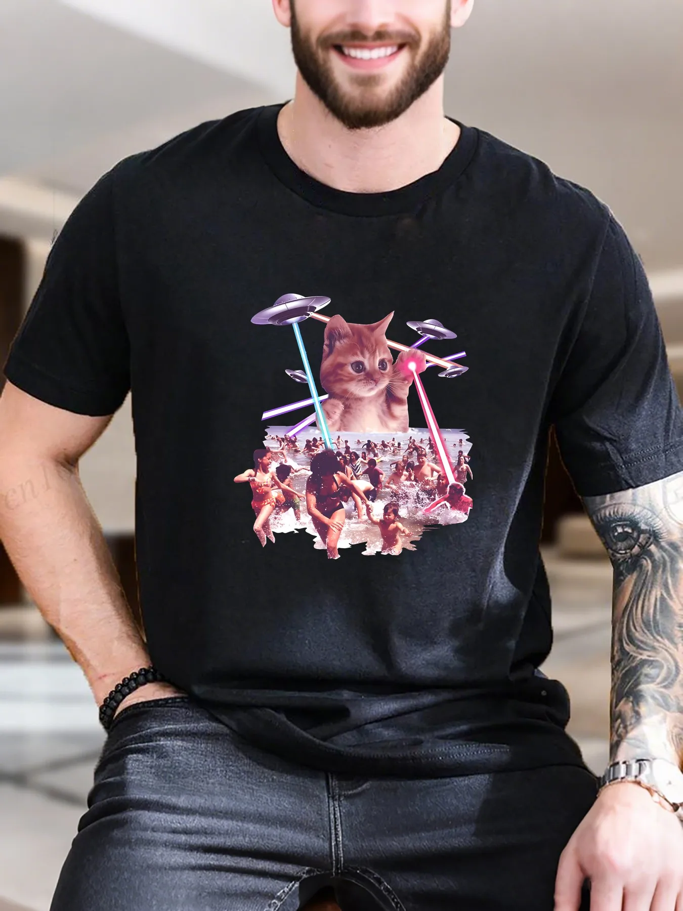 

New Arrival Fashion Men's Printed Short Sleeve T-Shirt Playful People Cat with Lights Design 100% Cotton Breathable Casual Versatile