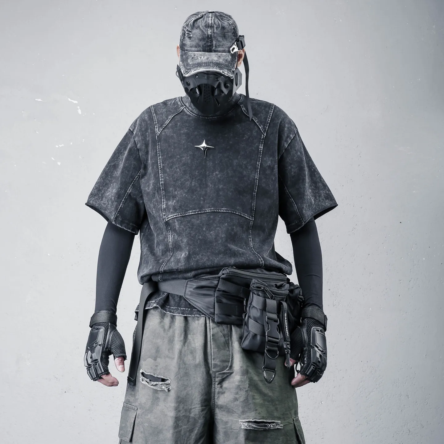Punk Wasteland Style Worn Looking Washed-out Drop-Shoulder Sleeve Half T-shirt Men's Loose Ruan Shuai High Street  Top
