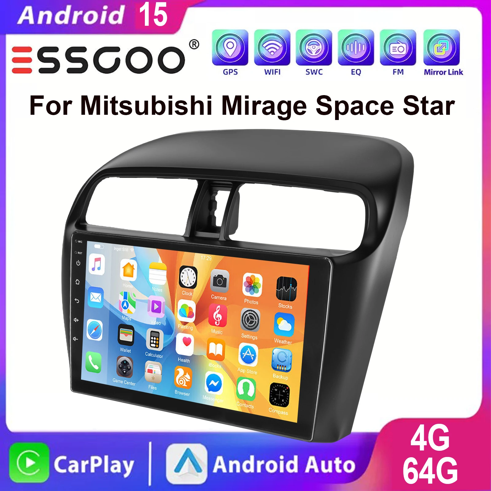 ESSGOO Android 15 Touchscreen Display 9 Zoll Für Mitsubishi Mirage Space Star 2012-2018 Apple CarPlay Android Auto Drahtlos Autoradio GPS Navigation WIFI Bluetooth Spiegel Link ASP Sound Geteilter
