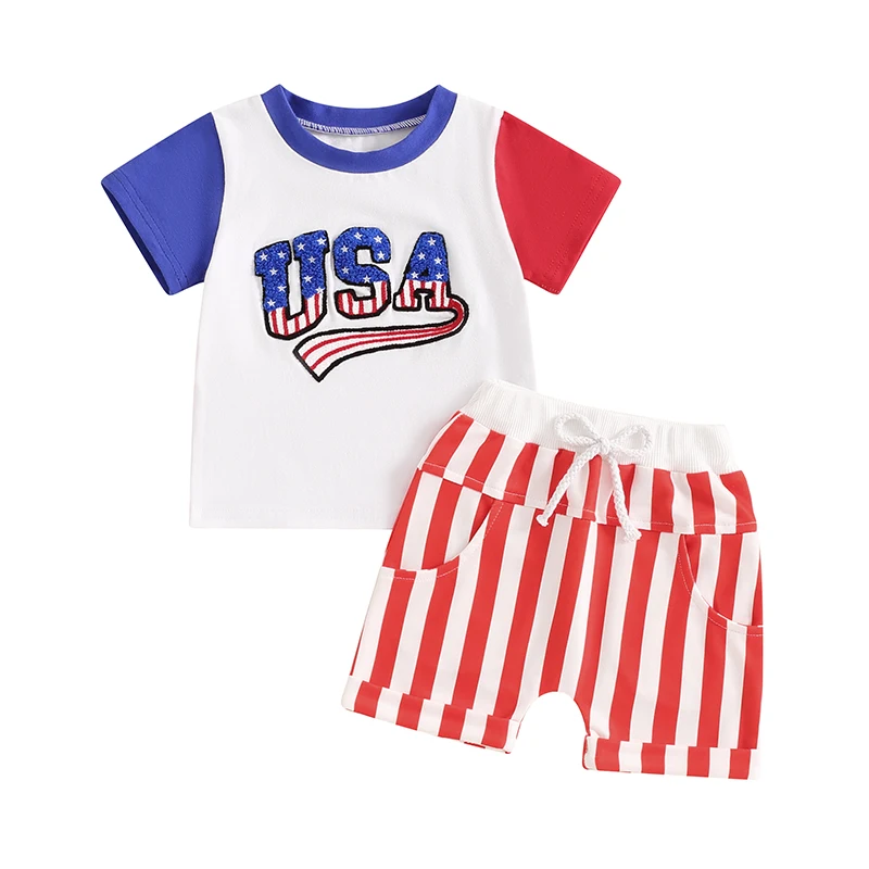 Toddler Boy 4th of July Outfit Letter Embroidery Short Sleeve T-Shirt with Stripe Shorts for Independence Day