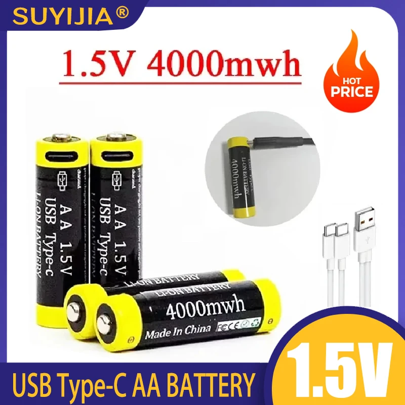 4000mWh 1.5V AA Battery Rechargeable Li-ion Battery for Mouse Remote Control Small Fan Electric Toy Batteries USB Type-C Cable