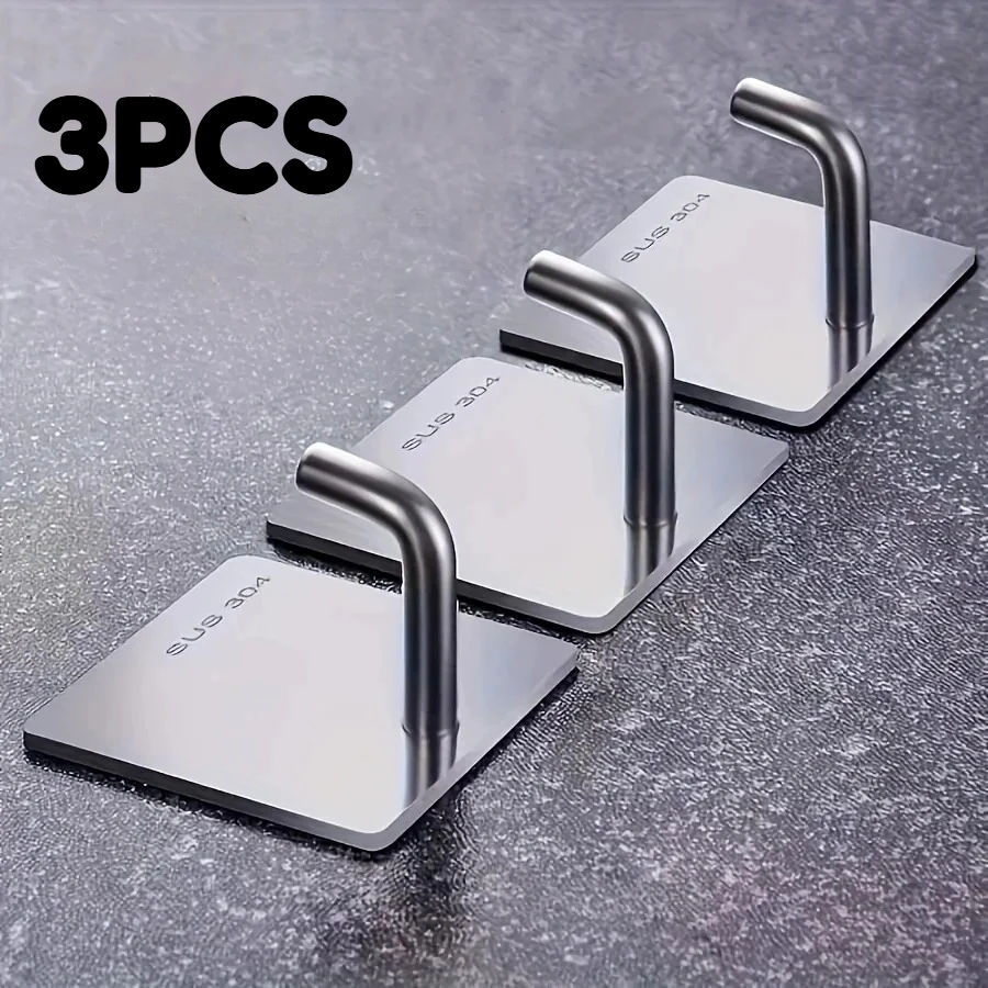 3PCS Heavy-duty Stainless Steel Adhesive Hook, No Need for Punching, Perfect for Towels, Clips, Practical Hooks