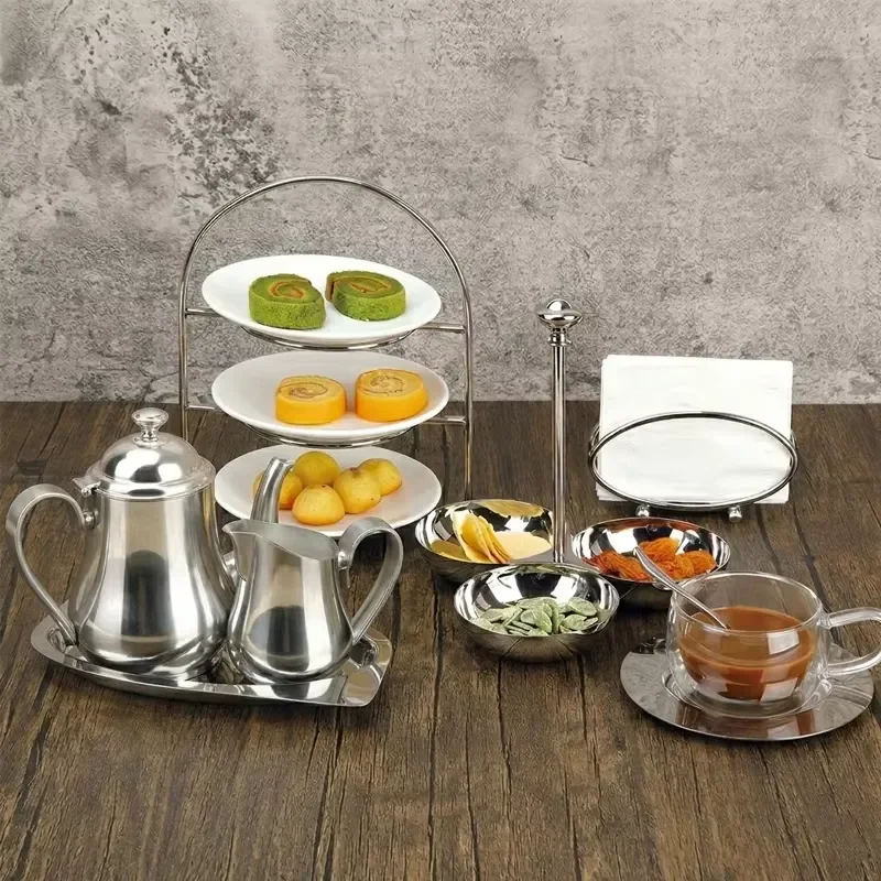 Silver Plated Stainless Steel Afternoon Tea Set Heavy Duty Dessert Rack Stand for Hotel Restaurant Buffet Service Elegant