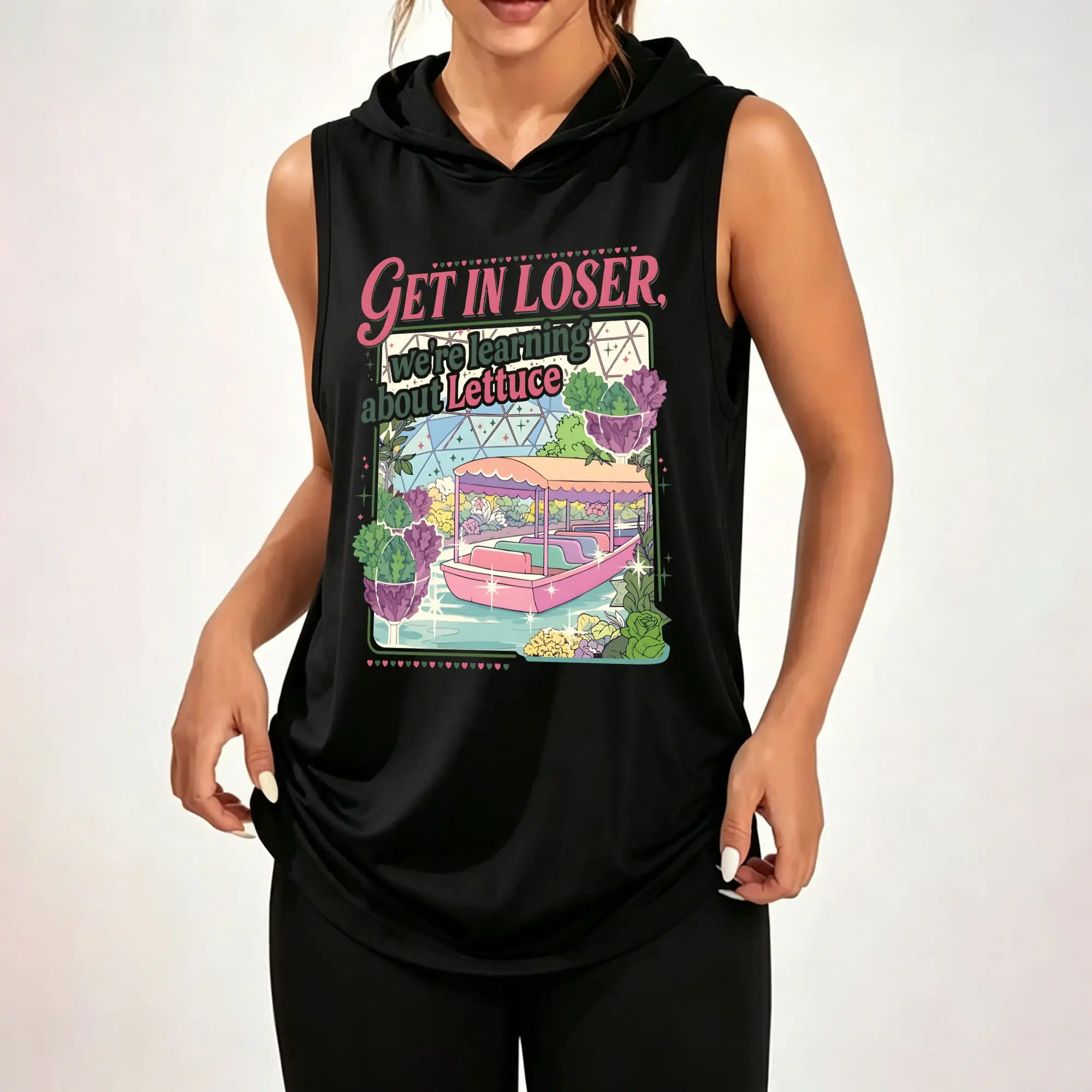 Women Sleeveless Hooded Tank Top, Cartoon Garden Boat Get In Loser We're Learning About Lettuce Graphic Print Casual Hooded Sleeveless Tank Top ****