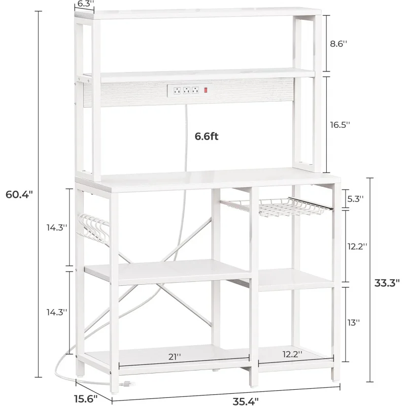 Bakers Rack with Power Outlet, 35.4 Inches Coffee Bar with Wire Basket, Kitchen Microwave Stand with 6 S-Shaped Hooks, Open Stor