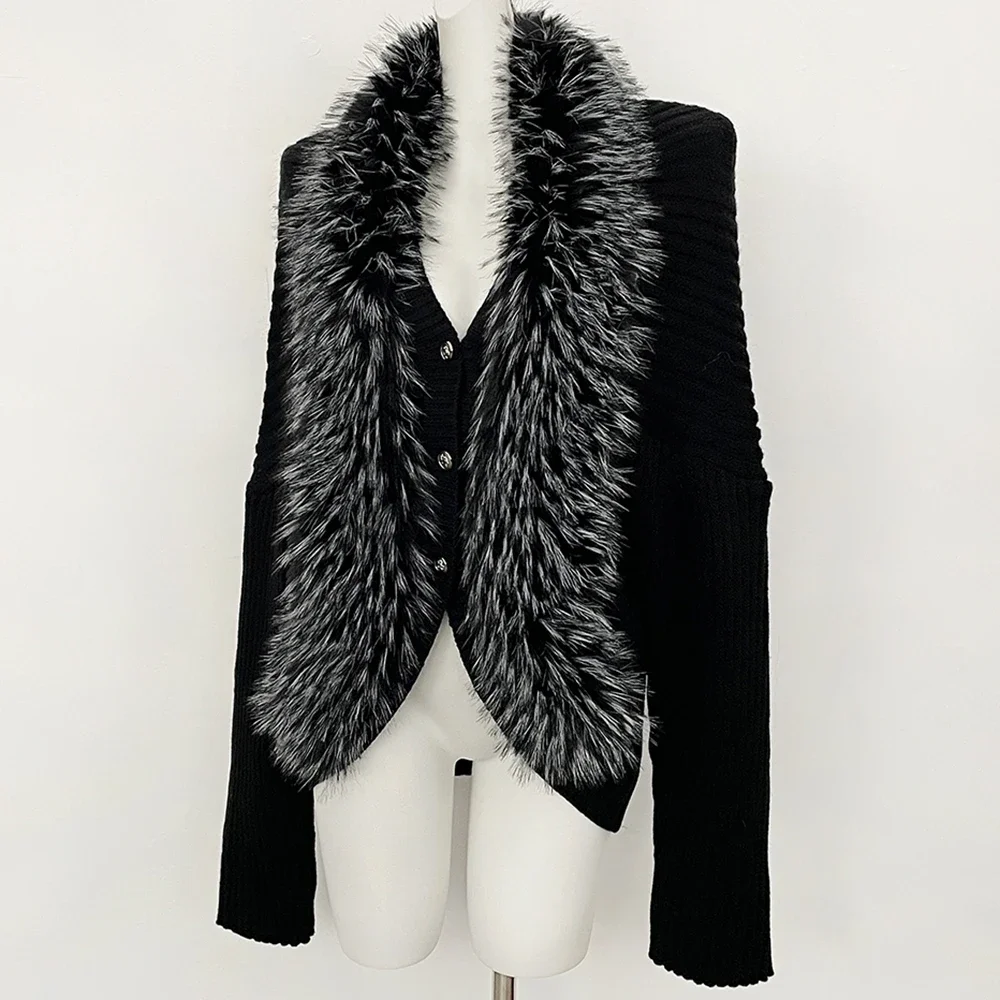 OFTBUY V-Ausschnitt Kunstpelzkragen Gerippter Strickpullover Mantel Damen Kurze Strickjacke Locker Geschnittene Schulter Neue Winteroberbekleidung – Detail 7