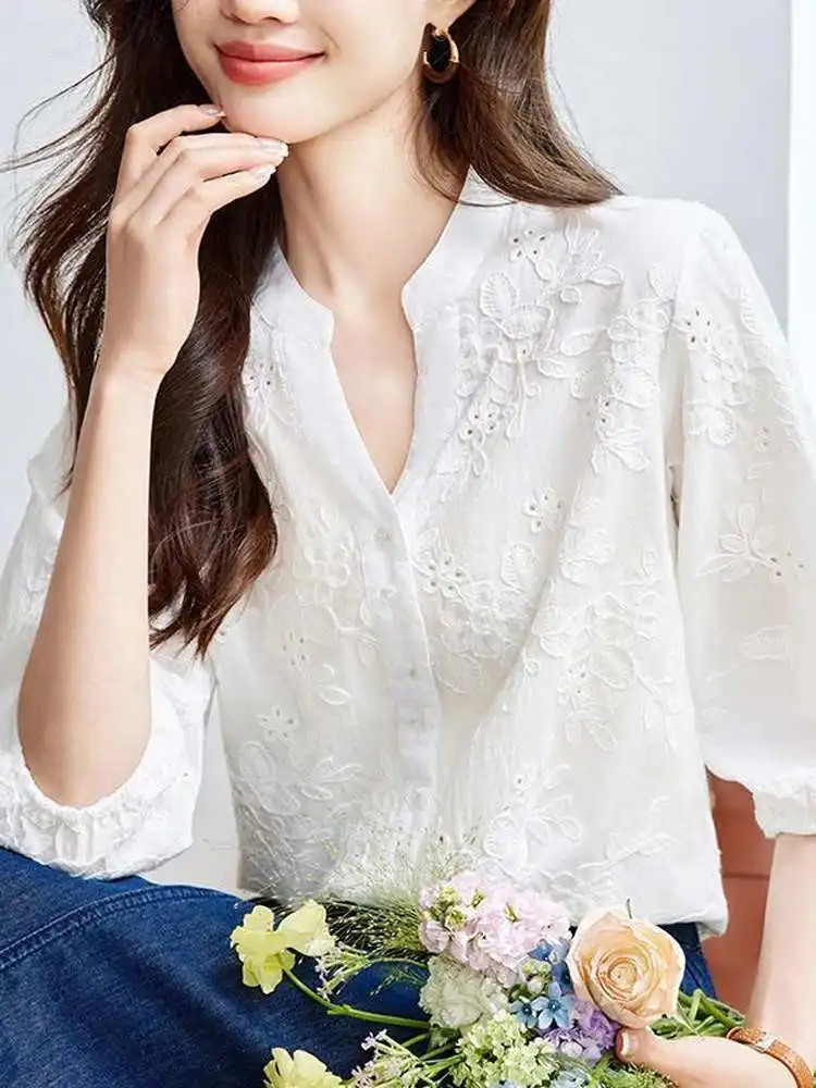 

​ ​ Блузка с вышивкой, женская летняя шикарная рубашка на шнуровке, элегантный повседневный универсальный топ ​ ​