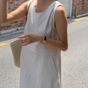 우아한 빈티지 여름 라운드 넥 사이드 버튼 디자인 느슨한 a 라인 스트라이프 조끼 드레스 여성용 어깨 길이 탱크 드레스