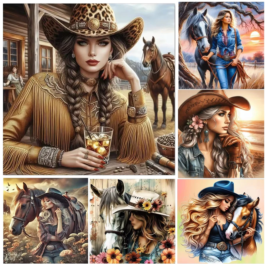 

DIY Diamond Painting flower Cowgirl full 5D Diamond Mosaic Jewelry Cross Stitch Women and Horses Home Decoration Accessories