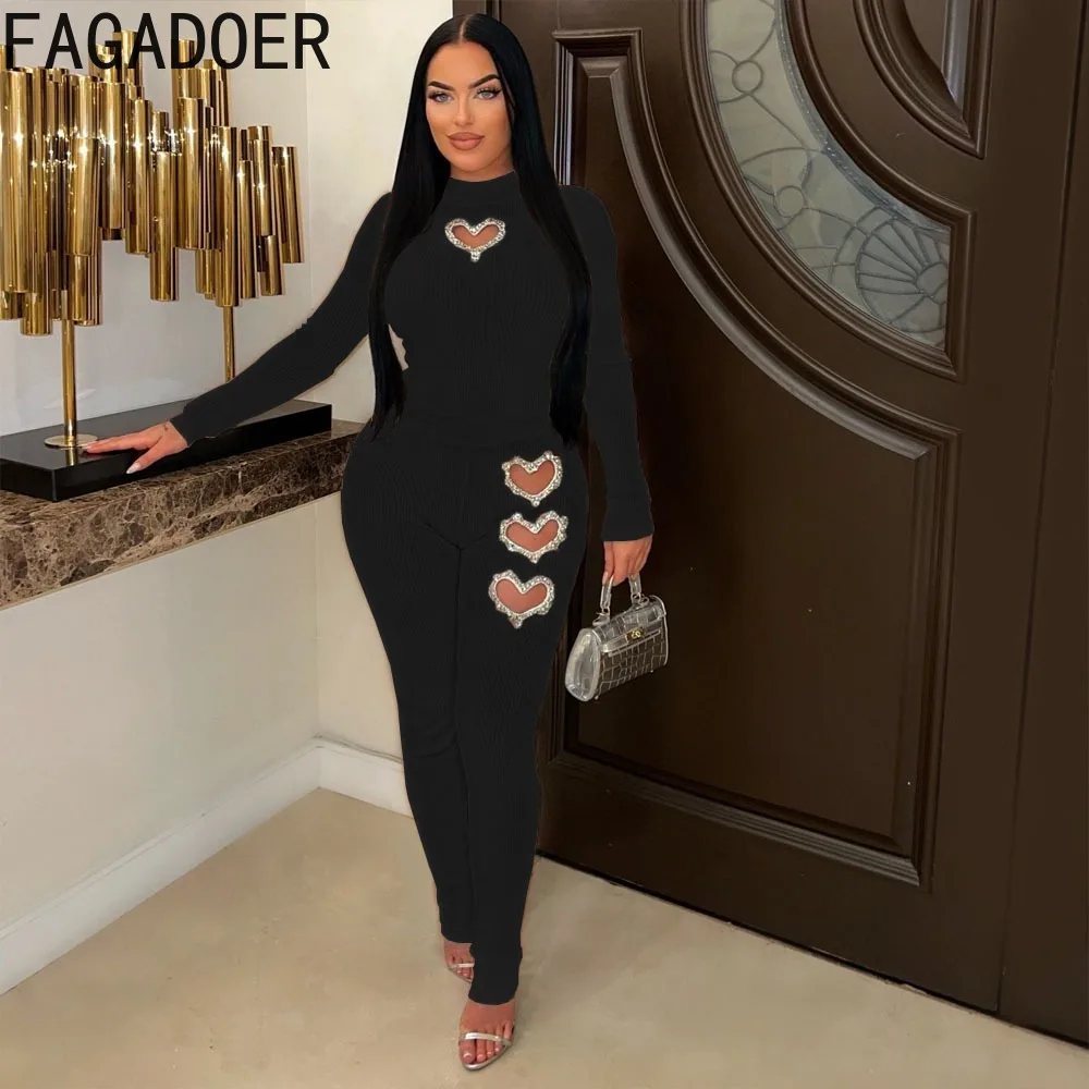 FAGADOER Fashion Heart Shaped Hollow Two Piece Sets Women Round Neck Long Sleeve Top+Skinny Pants Outfits Casual 2pcs Tracksuits