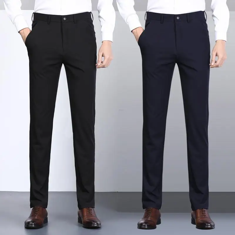 Men's Clothing Trousers Slim Fitting Casual Straight Tube Black Elastic Spring Summer Thin Business Formal Pants