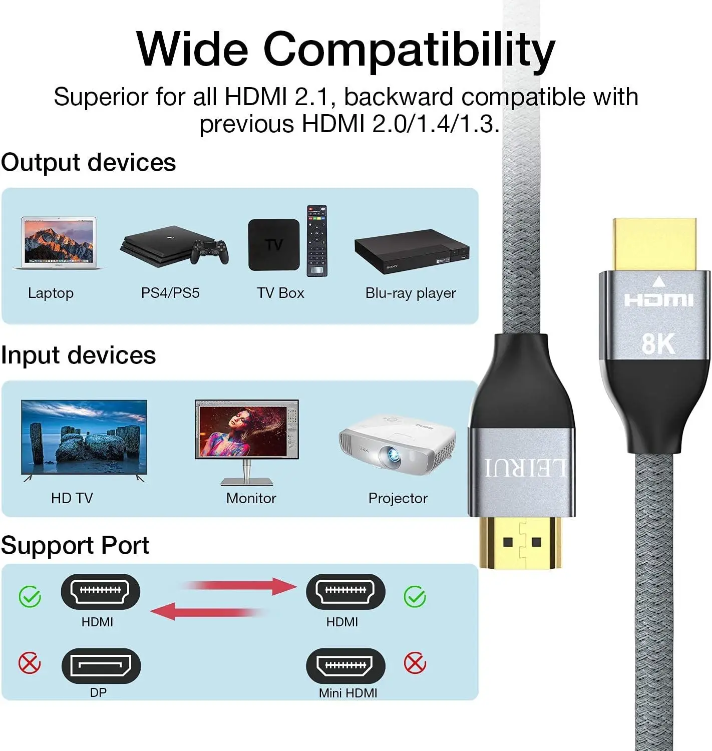 Cabo HDMI 2.1 para Projetor PC, Ultra Alta Velocidade, HDR Dinâmico, PS5, Xbox, 48Gbps, 8K @ 60Hz, 4K @ 120Hz