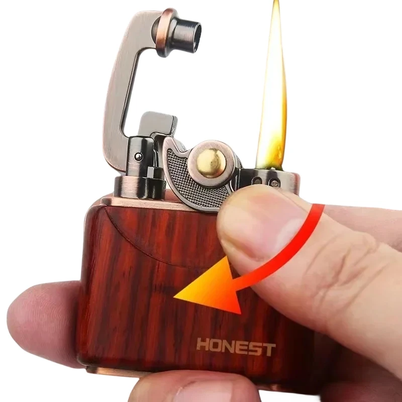 

Retro kerosene creative rocker arm catapult open flame lighter, sandalwood color windproof lighter, men's business lighter