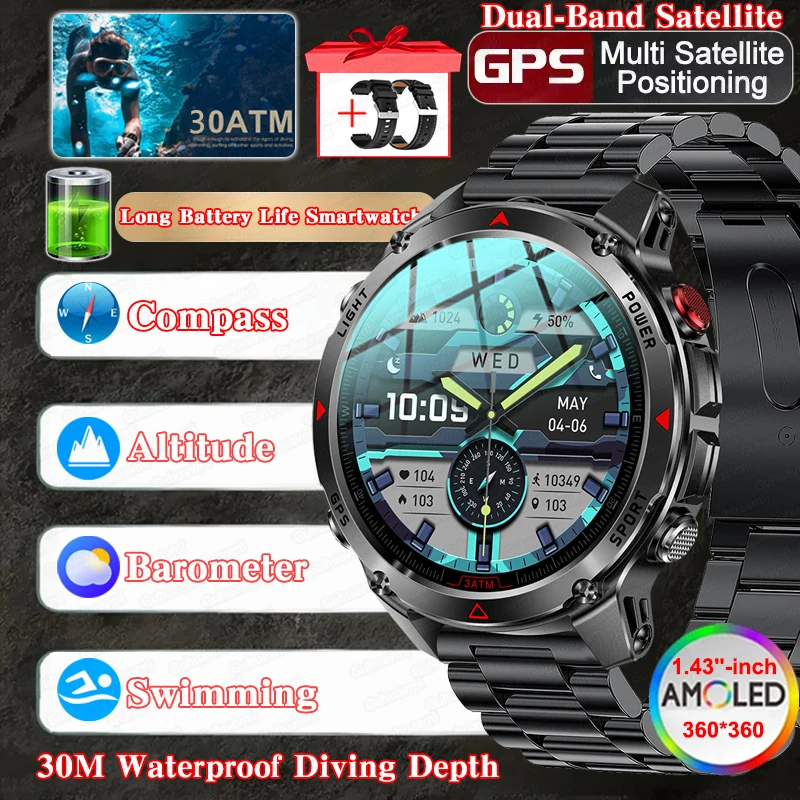 

New Guhuavm Smart Watch GPS 1.46 inch AMOLED Display flashlight Compass 30ATM Barometric Altimeter Fitness Tracking Watch Custom