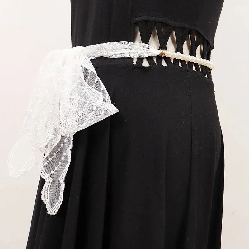 ANJY Spring Autumn New Women White Pearl Spliced Lace Bow Elegant Long Belt Trend Fashion Versatile All-Match Waist Chain A19748