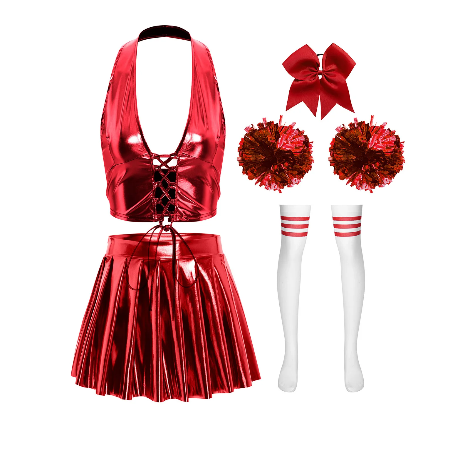 

Women Fashion Dynamic Cheer Set with Lace Up Halter Top And Complete Accessories for Cheerleading Squad Performance Competition