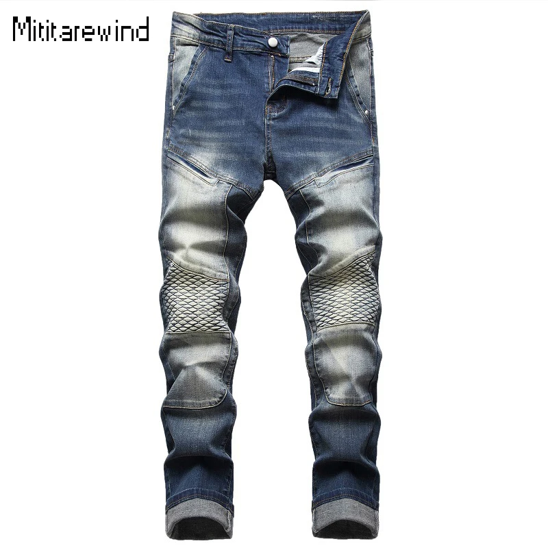 

Trendy Motorcycle Jeans for Men High Street Causal Pleated Chic Denim Pant Stretch Full Length Slim Jeans Youth Y2k Streetwear