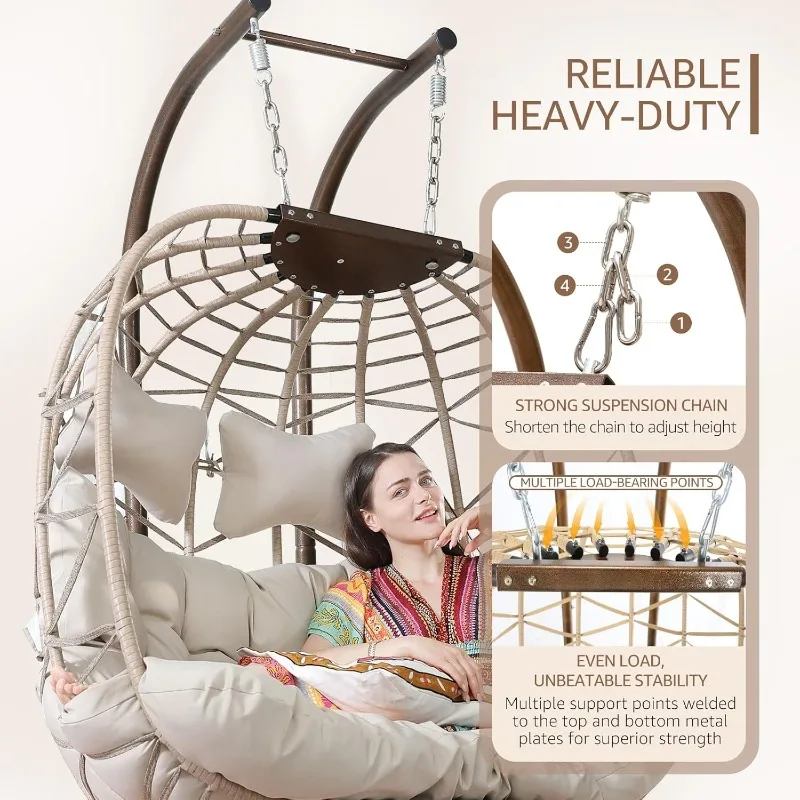 كرسي على شكل بيضة متأرجحة مزدوجة مع حامل، مقعد كبير جدًا لشخصين للاستخدام الداخلي والخارجي، سلة معلقة كبيرة الحجم للفناء #6