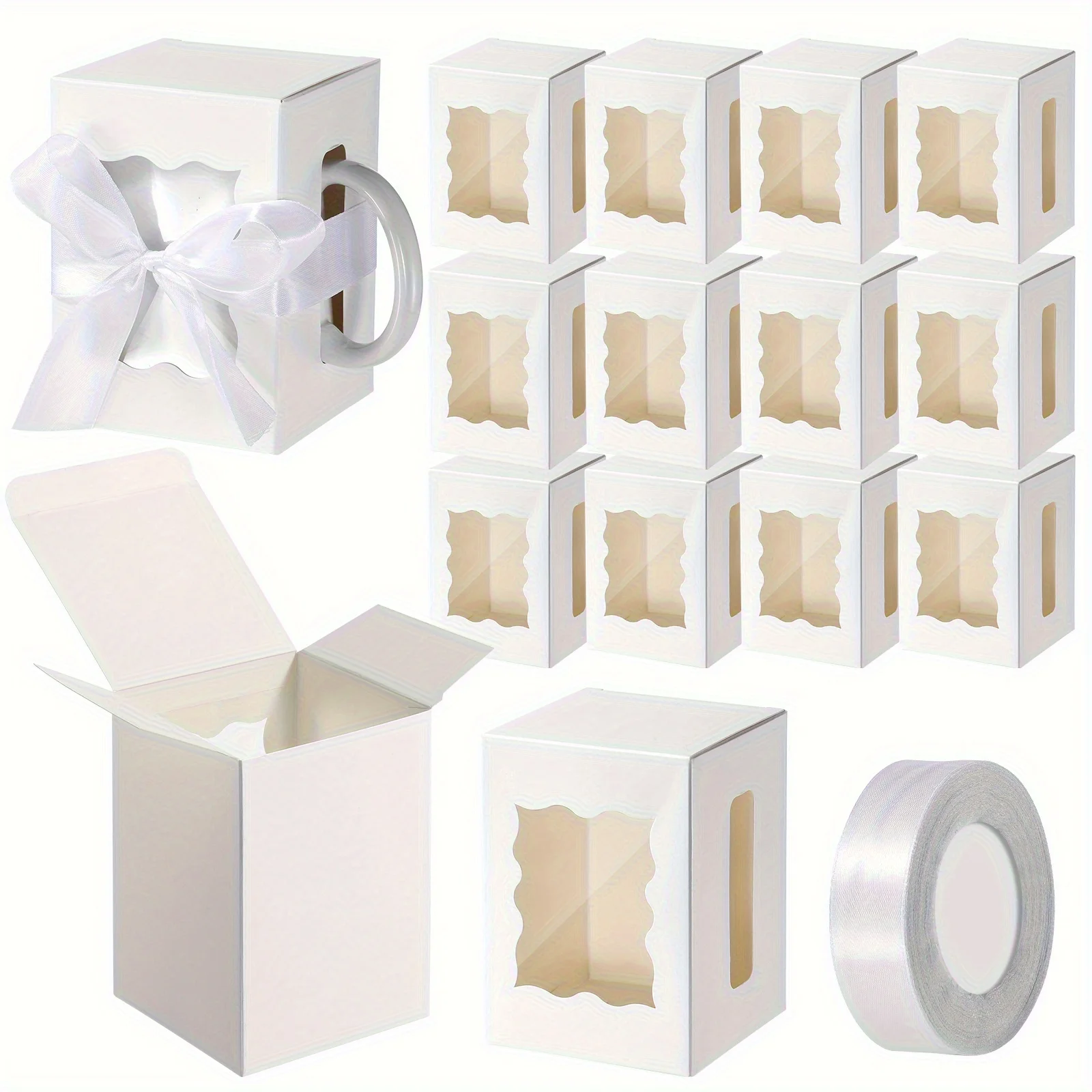 12Pcs Mug Gift Boxes with 1 Roll Ribbon, Transparent Gift Packaging Box for Wrapping 11-12oz Blanks Sublimation Mugs, Wine Mugs