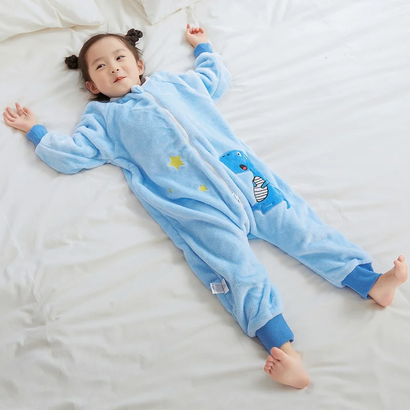 MICHLEY Blue Dinosaur Flannel Baby Kid Sleeping Bag Winter Sleepwear Cute Cartoon Bodysuit Sleepsack Pajamas With Feet Boys Girl