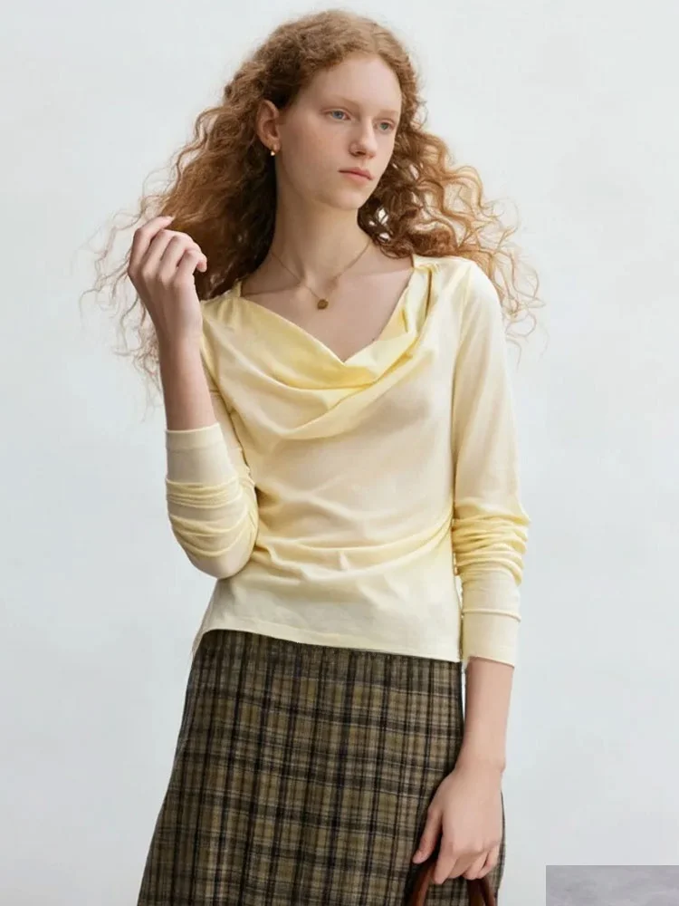 

ZhuoZhi Spring 2026 Bal Knot Design T-irt French Sle Long Sve Stand Fit Pure Color Work Commute Daily Wear