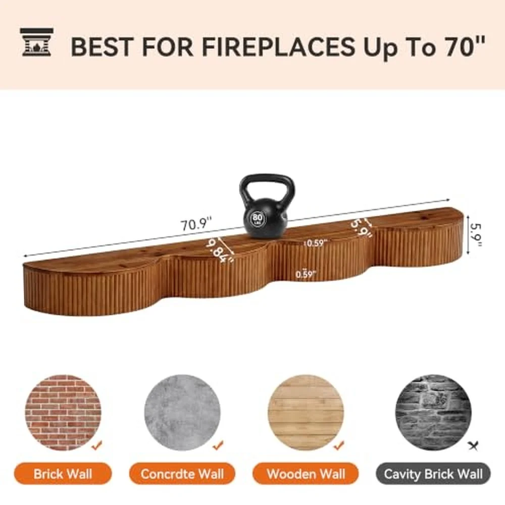 70.9 Inch Extra Long Fireplace Mantel Solid Wood Fluted Floating Display Mantel Shelf Decorative Wall Mount Fire Mantel