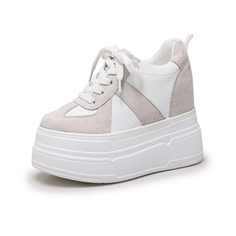 2026 New 10cm Genuine Leather Women Casual Shoes Platform Sneakers Heel White Shoes Comfortable Non Slip Walking Shoes for Women