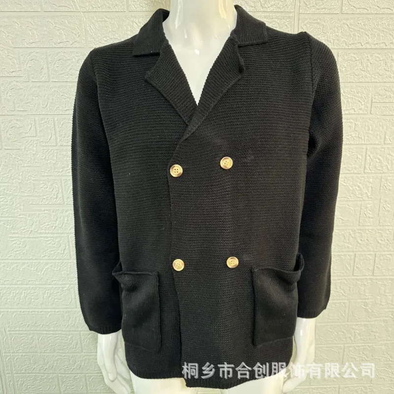 เสื้อคาร์ดิแกนไหมพรมทรงสลิมฟิต ปกเสื้อแบบปกเชิ้ตติดกระดุมสองแถว สำหรับผู้ชายไซส์ใหญ่ แฟชั่นยุโรปและอเมริกา ฤดูใบไม้ร่วงและฤดูหนาว