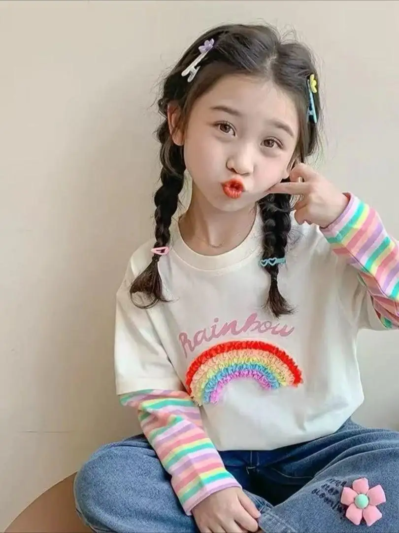 

Children's Spring 2026 New Style Casual Rainbow Heart Baby Girl's Top Cotton Korean Version Long Sleeve round Neck Base Shirt