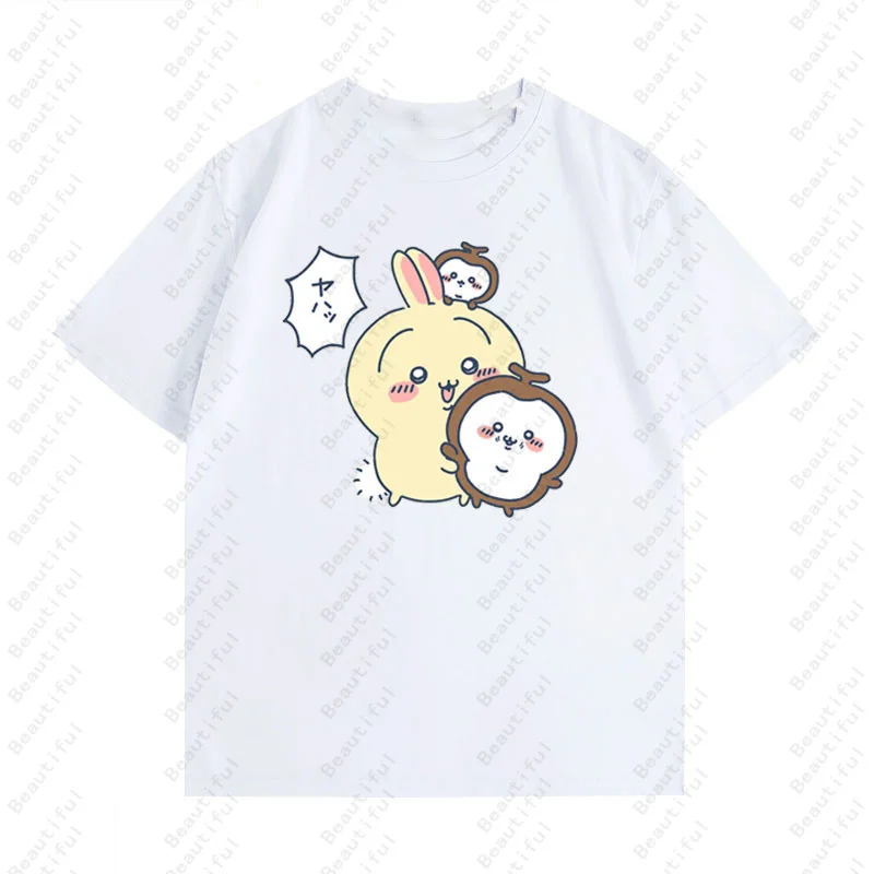 جديد اليابان Chiikawa الكرتون طباعة المرأة أنيمي نمط غير رسمي قصيرة الأكمام تي شيرت الصيف الشارع موضة المرأة ملابس علوية من القطن تيز