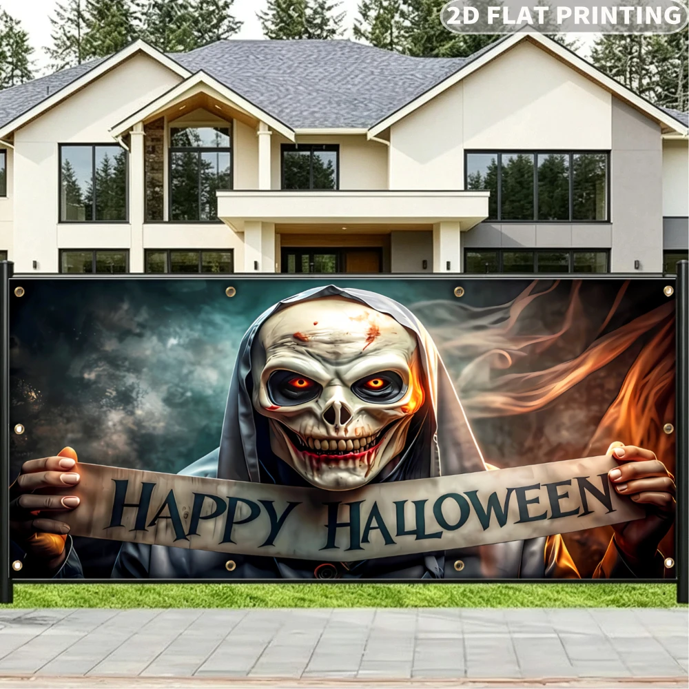1pc-2d-フラットハッピーハロウィンスカルバナープリントガーデンプライバシー＆保護スクリーン、装飾ポリエステルバナー、庭に最適