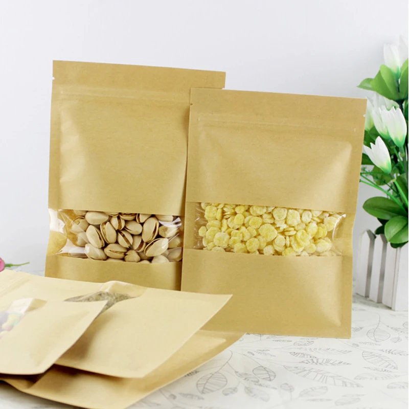 Resealable Flat Bottom Brown Kraft Paper Zip Lock Bags Clear Window Candy Cookies Gift Food Storage Craft Package Pouches