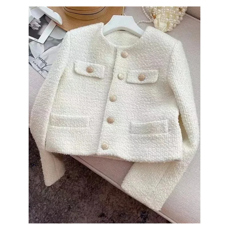 

Korean Chic Female Tweed Basic Jacket Coat Women Clothing Runway Style Woolen Outerwear