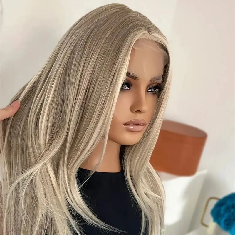 

Free Part Ombre Ash Blonde Brown Balayage Lace Frontal Wigs High Quality Synthetic Wigs Natural Straight Wig Preplucked Hairline