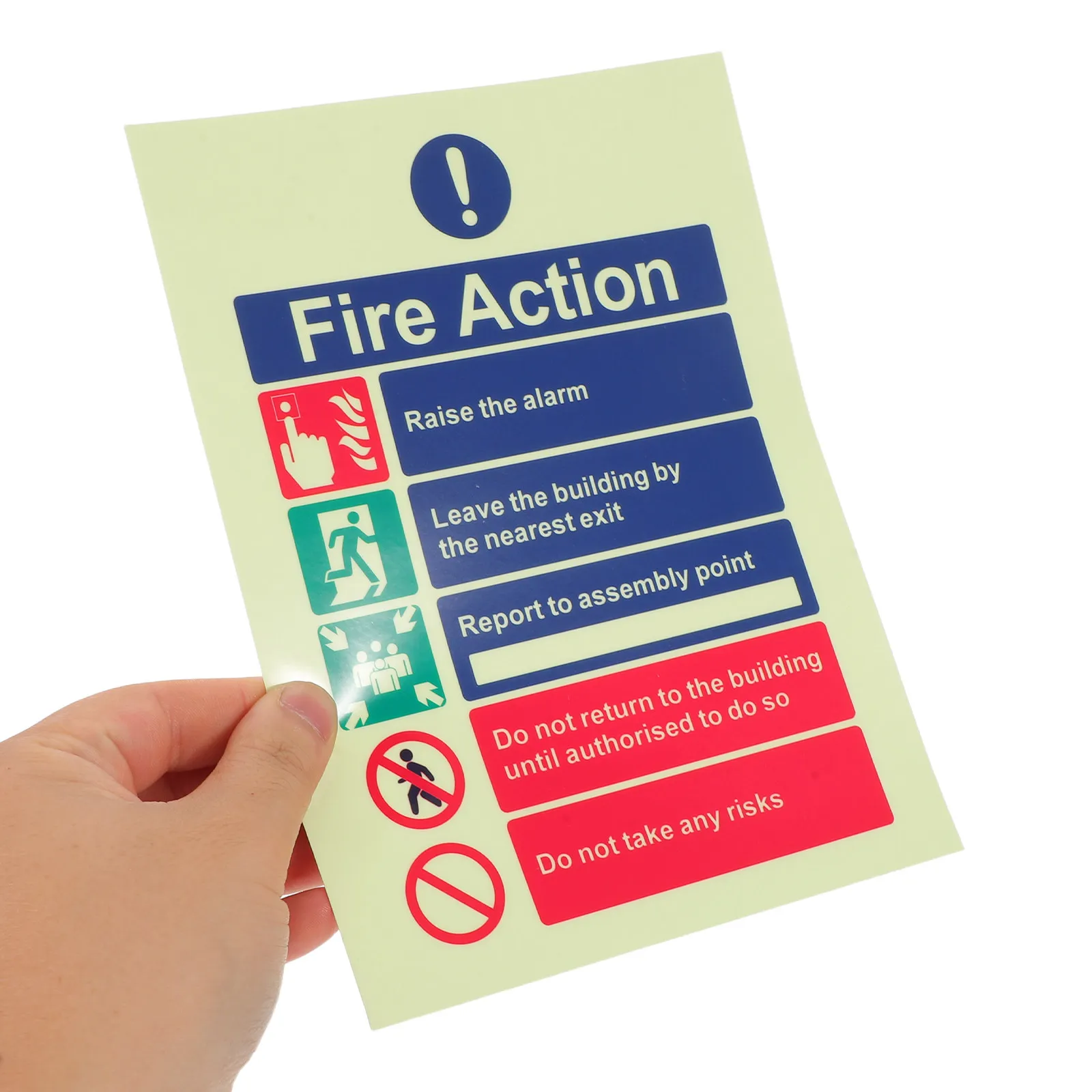 

6Pcs Luminous Fire Action Sticker 15x20cm Removable Safety Notice for Workplace Building Hotel Industrial Use Glow in The Dark
