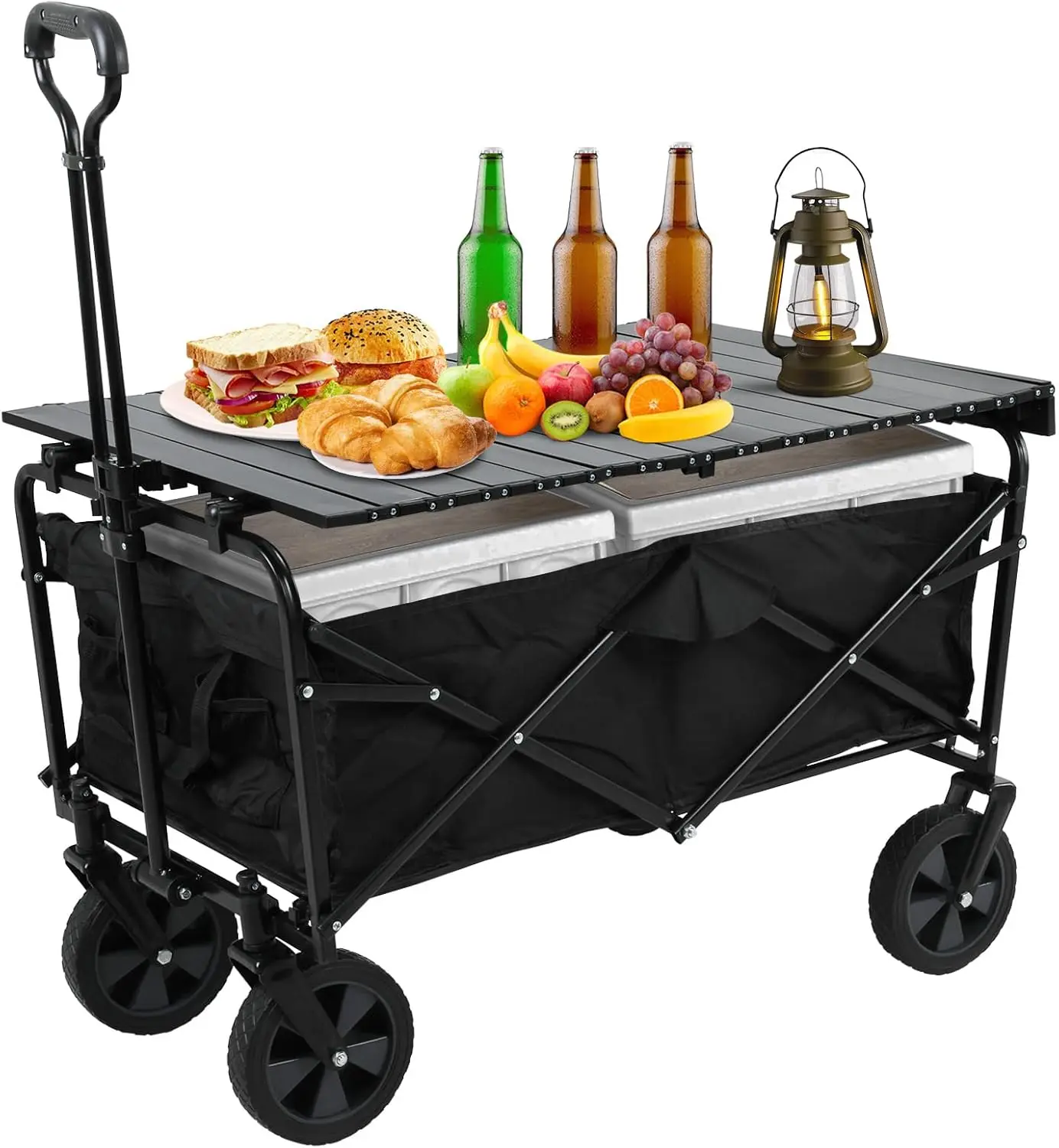 

Folding Wagon Collapsible Wagon Garden Cart w Foldable Table Board Universal Wheels for Camping Picnic Outdoor Event Black