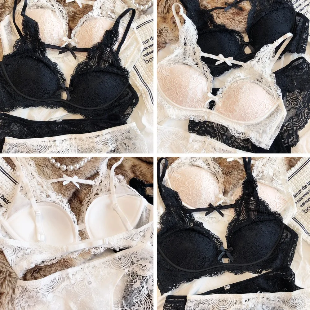 

Lace Bow Backless Push-Up Bra Set, Deep V Neck Sexy Underwear & Panties Suit for Women
