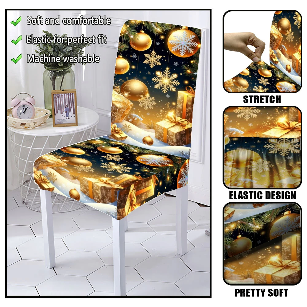 Black Background Golden Christmas Bauble Gift Box Snowflake Pine Dining Chair Slipcover Stretch Xmas Holiday Chair Cover