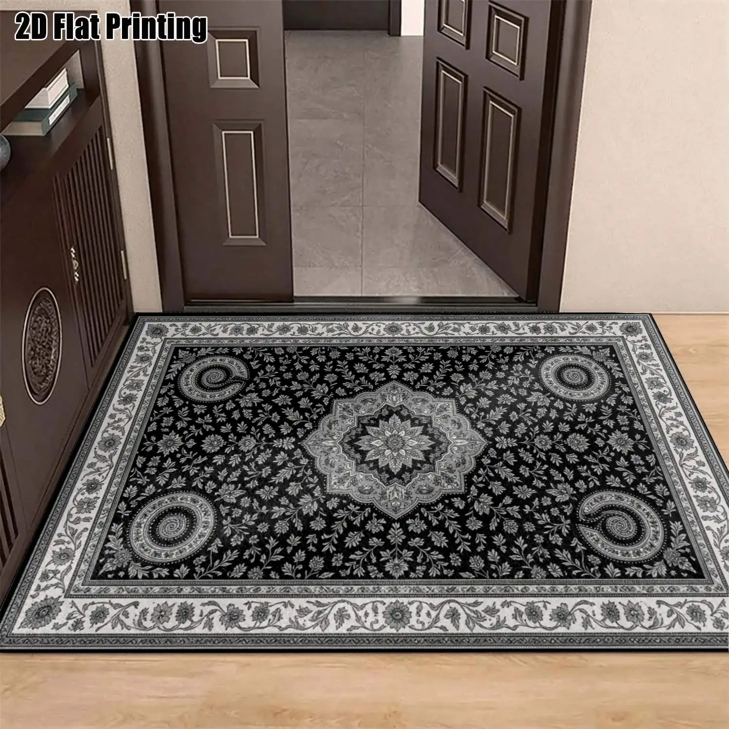 1Pc 2D Printed Carpet: Black Gray Retro Scroll Pattern, European Vintage Bohemian Style, Multi-Size Washable, for Home Decor & Multi-Scene Use