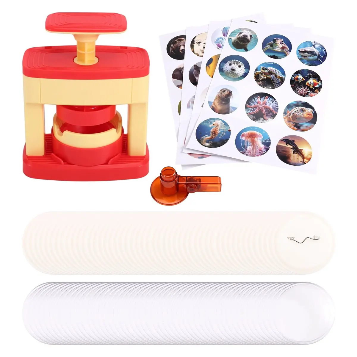 finefine Badge Maker for Kids, DIY Pin Button Badge Maker Machine, Portable Badge Punch Kit with 48 Patterns Badges