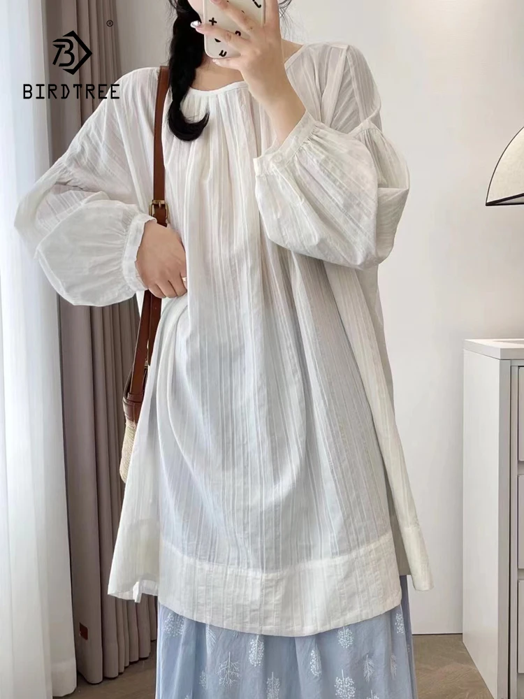 

New 2025 Autumn Cotton Long Sleeve Shirt, Women O Neck Patchwork, Mori Girl Retro Casual INS Loose Mid-Length Blouse T57086CC