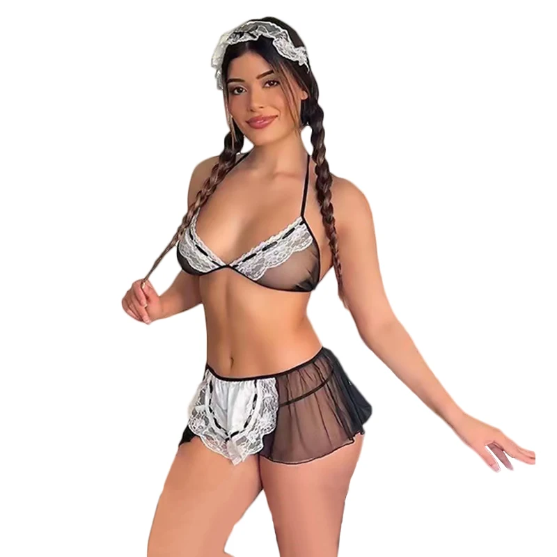 Lencería de encaje Sexy para mujer, uniforme de Lolita, porno, erótico, blanco y negro, traje de juego de rol, delantal de disfraz