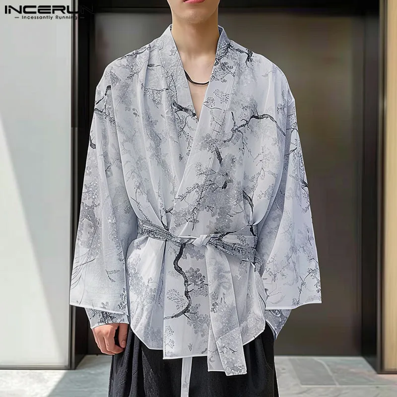 

INCERUN Men Shirt Printing V Neck Long Sleeve Loose Open Stitch Male Kimono With Belt Streetwear 2024 Fashion Casual Cardigan