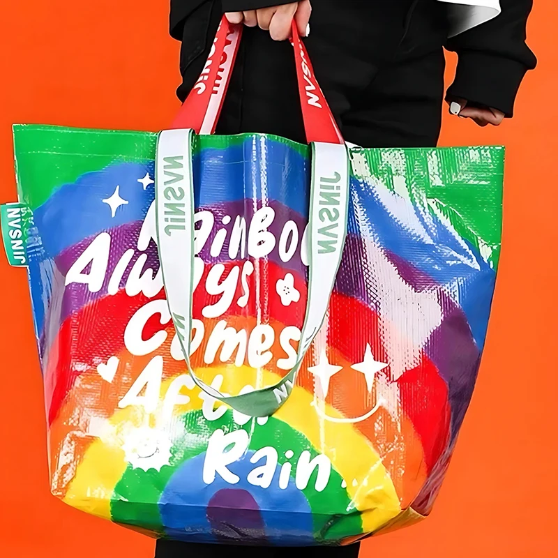 1Pcs Creative Gift Handheld Shopping Bag Colour Printing Plastic Woven Bag Large Capacity Waterproof Shoulder Storage Bag