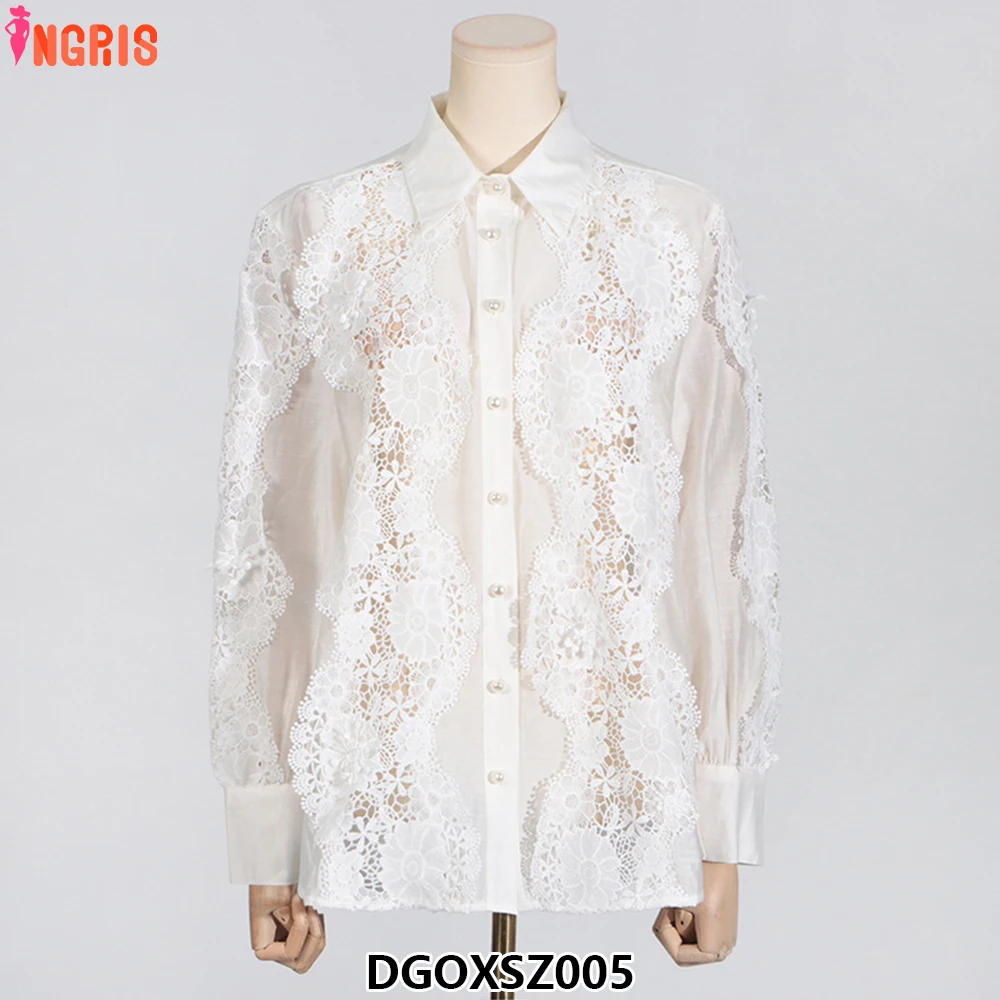 Nueva moda, camisa informal holgada con bordado de encaje, pantalones, traje de dos piezas para mujer-DGOXSZ005