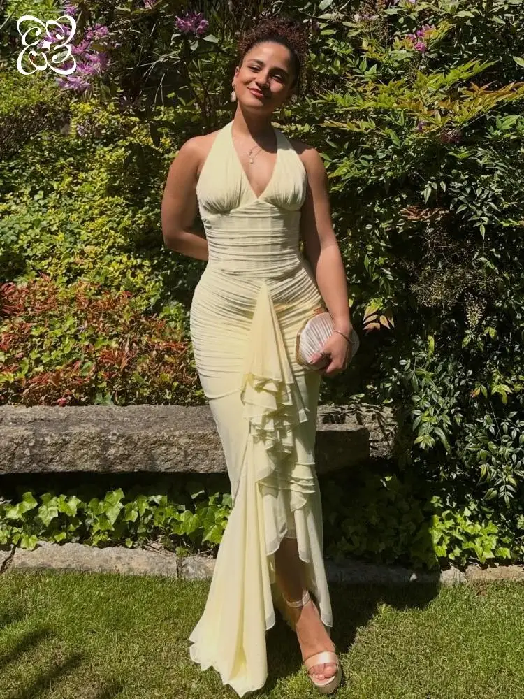 

2026 Yellow Halter Neck Ruched Midi Dress for Women Corset Detail Ruffle Hem Formal Gown High-Low Flowy Chiffon Party Dress