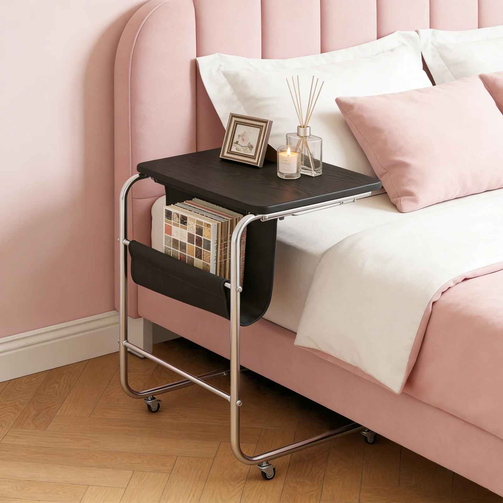 

55*41*64cm/21.65*16.14*25.2in Black Sofa Side Table, C-Shaped End Table with Universal Wheels, End Table For Holding Remotes, Teacups, Books, Lamps For The Living Room, Bars, Cafes, Restaurants, Bedroom