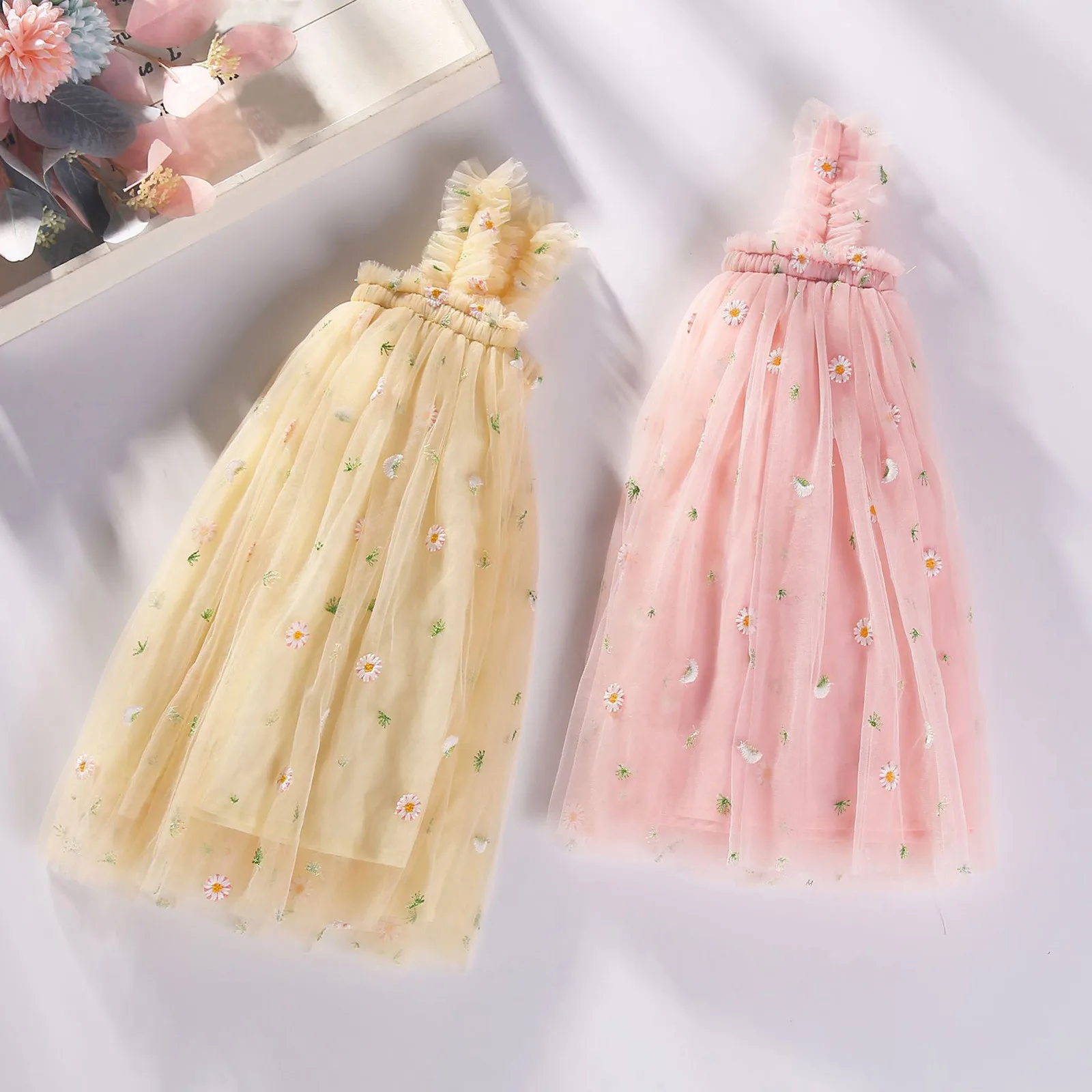 2025 New Baby Girl Clothes Multi Coloured Embroidered Floral Mesh Camisole Cute Baby Girl Dress Party Princess Fluffy Dresses